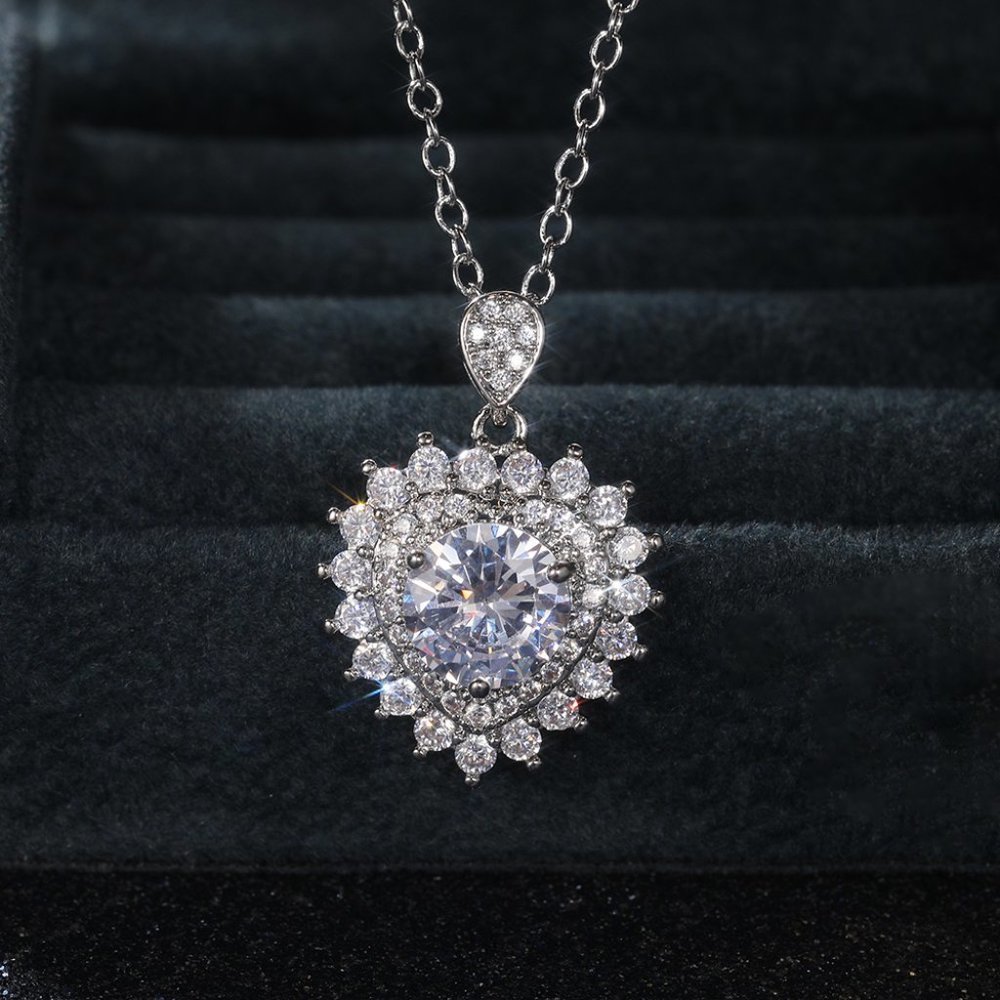 💎 Heart Full CZ Diamonds 925 Silver Plated Heart Necklace for Women, EVGG1107